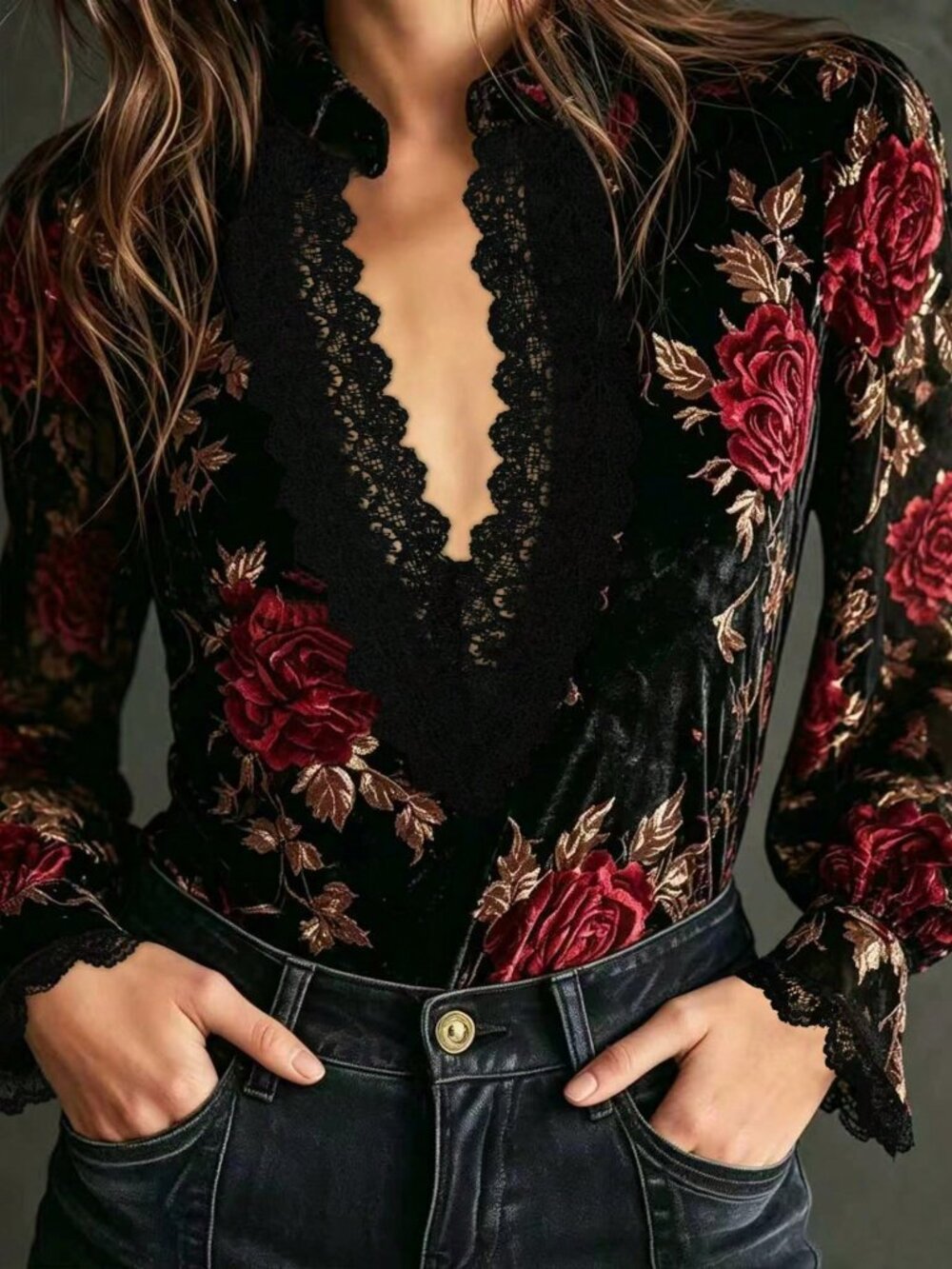 Black Casual Women's Velvet Floral Long Sleeve Shirt - Picture 3 of 6